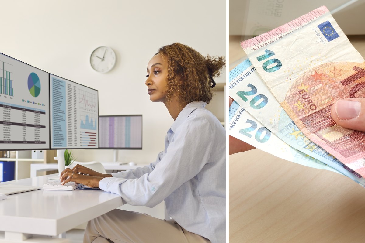 Links eine Mitarbeiterin, die an zwei Bildschirmen Auswertungen prüft; rechts werden Euro-Banknoten übergeben.