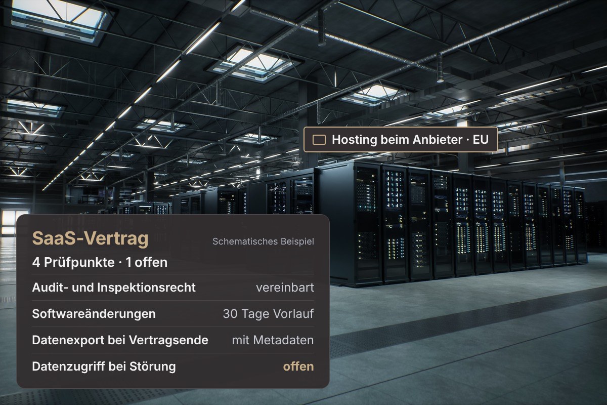Rechenzentrum mit Serverreihen, darüber schematische Prüfpunkte für einen SaaS-Vertrag im GMP-Umfeld